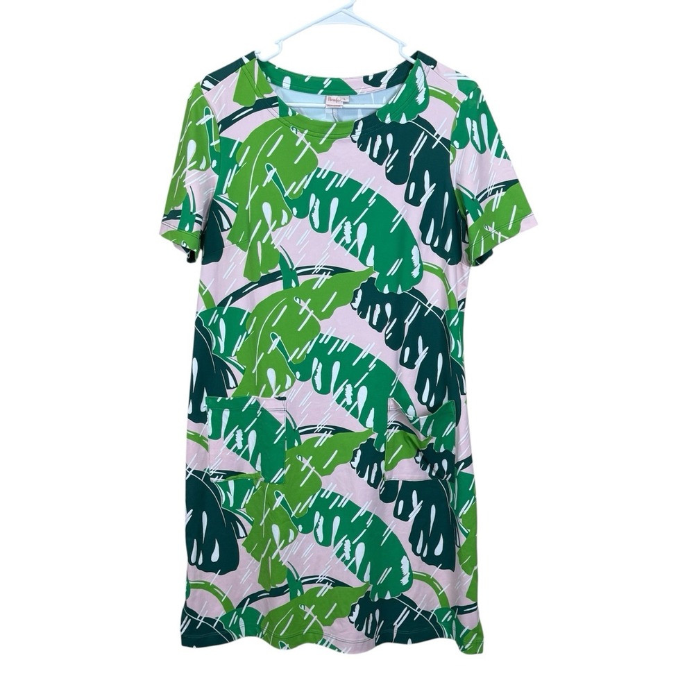 Persifor Carter Shift Dress Size Large Green Palm Leaf Print Short Sleeve Pocket